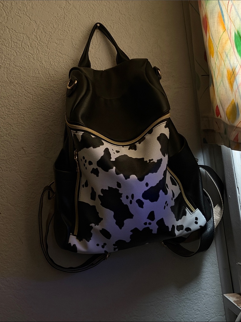 Black & White Cow Print Backpack Tote - Women Bags